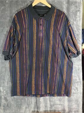 Vintage 90’s Greg Norman Collection Vertical Stripe Polo in Navy, Gold, Purple